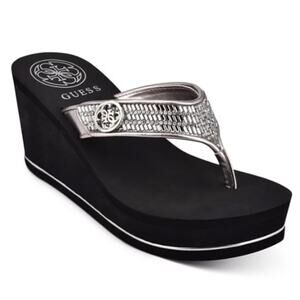 GUESS Sarraly Eva Logo Disco Rhinestone Wedge Slip On Flip sandals pewter - 11